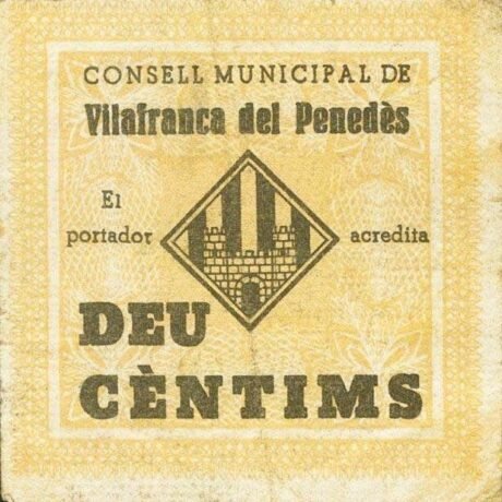 Аверс банкноты 10 сантимов Вилафранка дель Пенедес (Испания) 1937 года