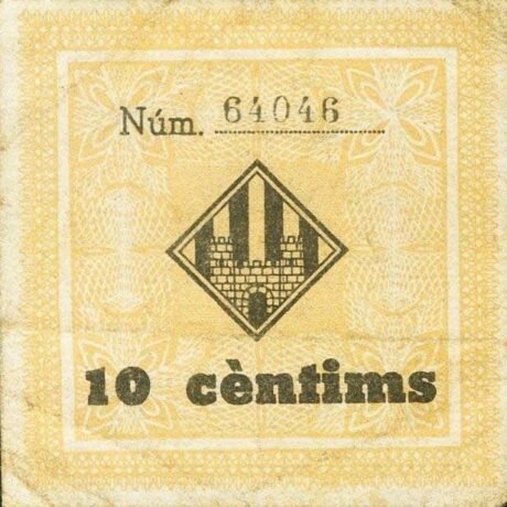 Реверс банкноты 10 сантимов Вилафранка дель Пенедес (Испания) 1937 года