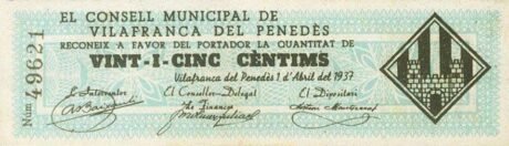 Аверс банкноты 25 centymów Vilafranca del Penedes (Hiszpania) 1937