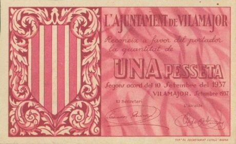 Аверс банкноты 1 песета Виламайор (Испания) 1937 года