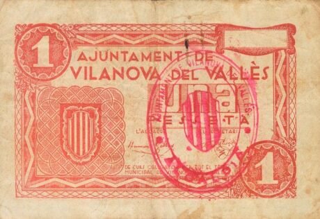 Аверс банкноты 1 peseta Vilanova del Vallès (Hiszpania)