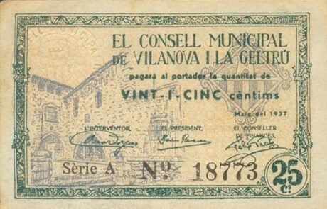 Аверс банкноты 25 centymów Vilanova i la Geltru (Hiszpania) 1937