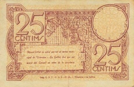Реверс банкноты 25 centymów Vilanova i la Geltru (Hiszpania) 1937