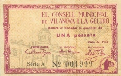 Аверс банкноты 1 peseta Vilanova y la Geltrú (Hiszpania) 1937