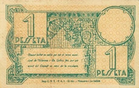 Реверс банкноты 1 peseta Vilanova y la Geltrú (Hiszpania) 1937