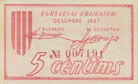 Аверс банкноты 5 centymów Vilassar de Dalt (Hiszpania) 1937