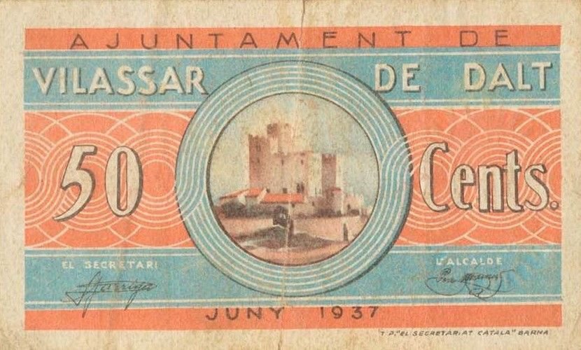Аверс банкноты 50 сантимов Вилассар де Дальт (Испания) 1937 года