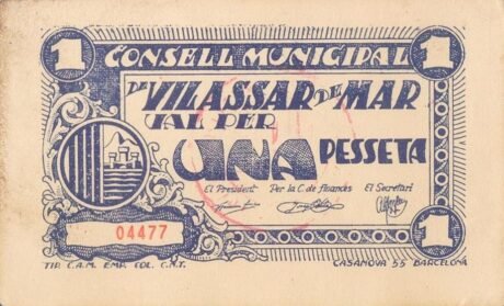 Аверс банкноты 1 peseta Vilassar de Mar (Hiszpania)