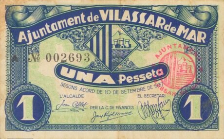 Аверс банкноты 1 peseta Vilassar de Mar (Hiszpania) 1937