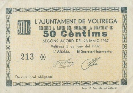 Аверс банкноты 50 centymów Voltrega (Hiszpania) 1937