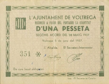 Awers banknotu 1 peseta Voltrega (Hiszpania) 1937