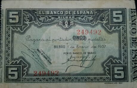Аверс банкноты 5 песет Банко Испании - Бильбао (Испания) 1937 года