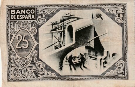 Реверс банкноты 25 песет Банка Испании - Бильбао (Испания) 1937 года