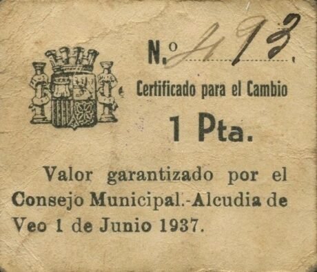 Аверс банкноты 1 peseta Alcudia de Veo (Hiszpania) 1937