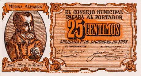 Аверс банкноты 25 centymów Burriana (Hiszpania) 1937