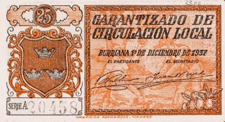 Реверс банкноты 25 centymów Burriana (Hiszpania) 1937