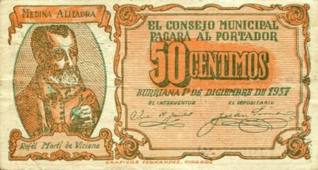 Аверс банкноты 50 centymów Burriana (Hiszpania) 1937