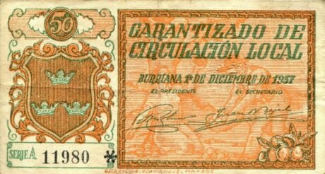 Реверс банкноты 50 centymów Burriana (Hiszpania) 1937