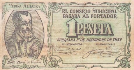 Аверс банкноты 1 peseta Burriana (Hiszpania) 1937
