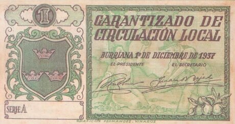 Реверс банкноты 1 peseta Burriana (Hiszpania) 1937