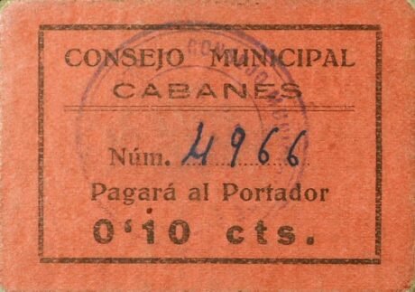 Аверс банкноты 10 centymów Cabanes (Hiszpania)