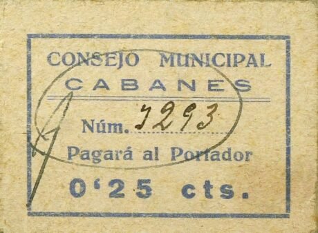Аверс банкноты 25 centymów Cabanes (Hiszpania)