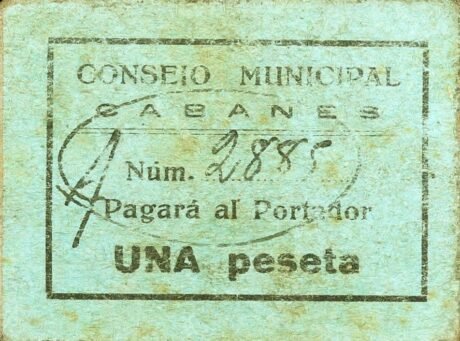 Аверс банкноты 1 peseta Cabanes (Spain)