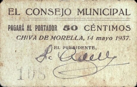 Аверс банкноты 50 centymów Chiva de Morella (Hiszpania) 1937