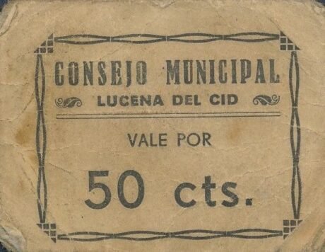 Аверс банкноты 50 centymów Lucena del Cid (Hiszpania)