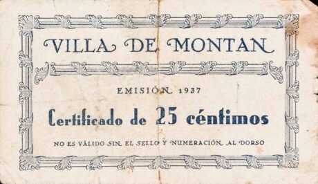 Аверс банкноты 25 centymów Montan (Hiszpania) 1937