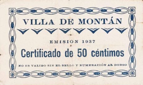 Аверс банкноты 50 сантимов Монтан (Испания) 1937 года