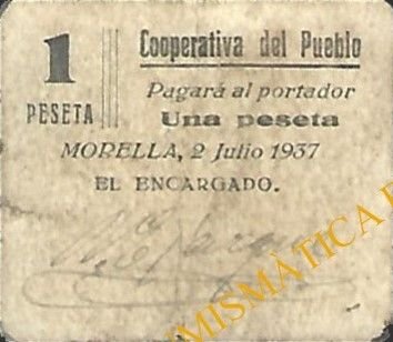 Аверс банкноты 1 peseta Morella (Spain) 1937