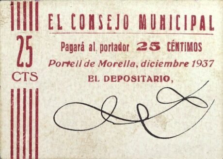 Аверс банкноты 25 centymów Portell de Morella (Hiszpania) 1937