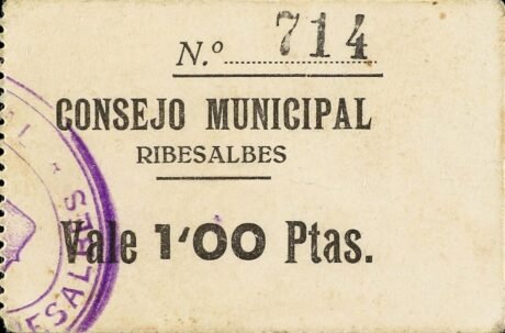 Аверс банкноты 1 peseta Ribesalbes (Spain)