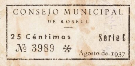 Аверс банкноты 25 сантимов Росель (Испания) 1937 года