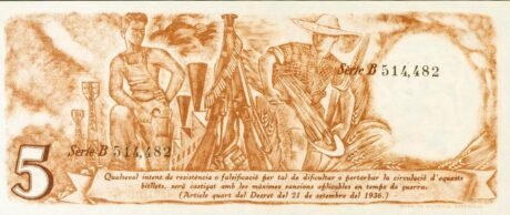 Реверс банкноты 5 песет Женералитата Каталонии (Испания) 1936 года
