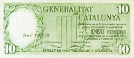 Аверс банкноты 10 песет Женералитата Каталонии. (Испания) 1936 года