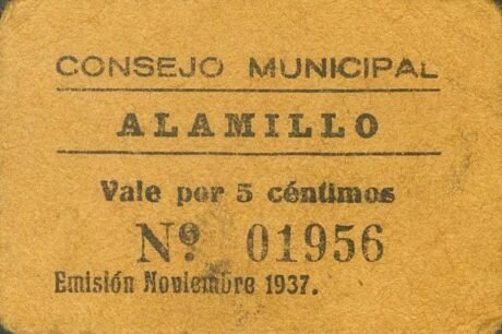 Аверс банкноты 5 сантимов Аламильо (Испания) 1937 года