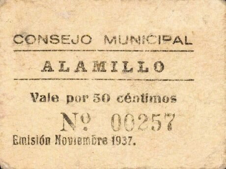 Аверс банкноты 50 сантимов Аламильо (Испания) 1937 года