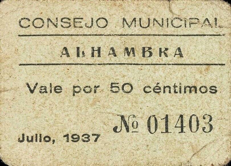 Аверс банкноты 50 сантимов Альгамбра (Испания) 1937 года