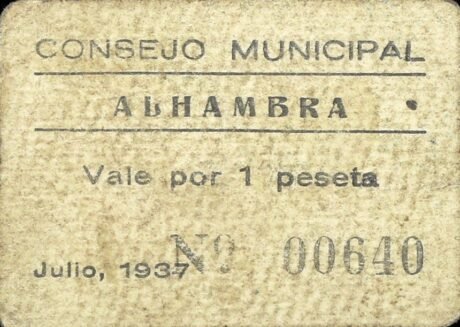 Аверс банкноты 1 песета Альгамбра (Испания) 1937 года