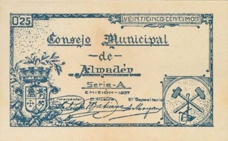 Аверс банкноты 25 centymów Almaden (Hiszpania) 1937