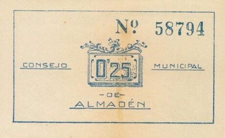 Реверс банкноты 25 centymów Almaden (Hiszpania) 1937