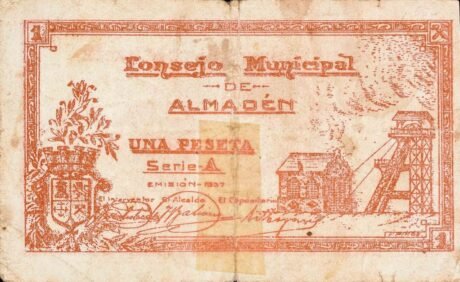 Аверс банкноты 1 peseta Almadén (Hiszpania) 1937