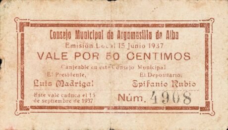 Аверс банкноты 50 centymów Argamasilla de Alba (Hiszpania) 1937
