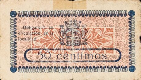 Реверс банкноты 50 centymów Argamasilla de Alba (Hiszpania) 1937