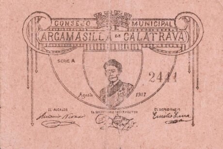 Аверс банкноты 1 peseta Argamasilla de Calatrava (Hiszpania) 1937