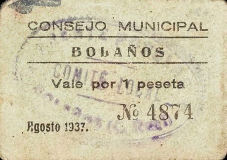 Аверс банкноты 1 песета Боланьос (Испания) 1937 года