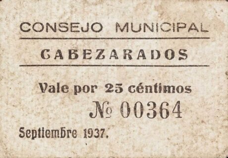 Аверс банкноты 25 сантимов Кабесарадос (Испания) 1937 года