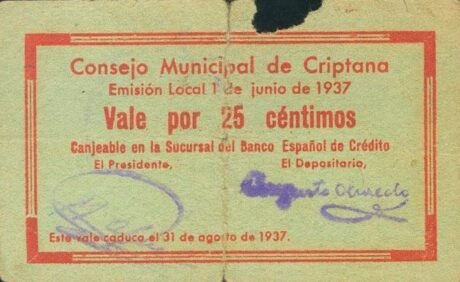 Аверс банкноты 25 centymów Criptana (Hiszpania) 1937